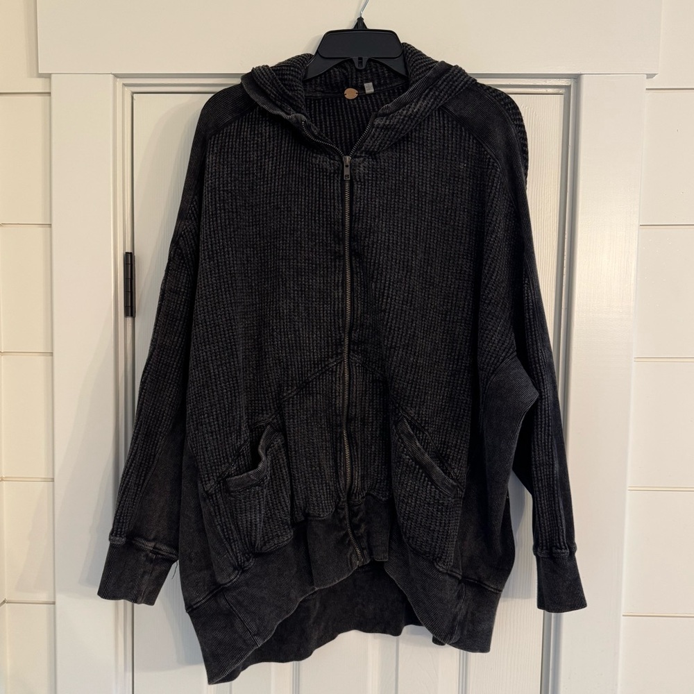 Free People FP ONE Ash Thermal Hooded Zip Sweatshirt in Washed Black